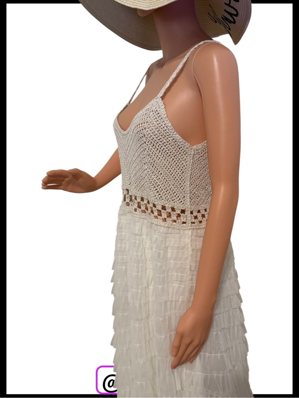 POL White Ecru Tulle Ruffled Midi Dress with Crochet Waist Top - Picture 7 of 15